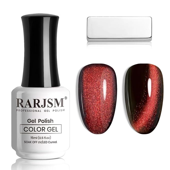 RARJSM Cat Eye Gel Nail Polish Dark Black Orange Red Cateye Diamond Glitter Gel Polish 15ml Single Bottle with Magnet Stick UV LED Curing Requires Soak Off for Home Salon Christmas Manicure