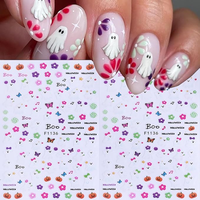 6Pcs Halloween Nail Stickers Cat Ghost Nail Decals DIY Self Adhesive Cute Cartoon Pumpkin Flower Butterfly Nail Design Supplies Halloween Nail Decoration for Women Girls Holiday Manicure Accessories