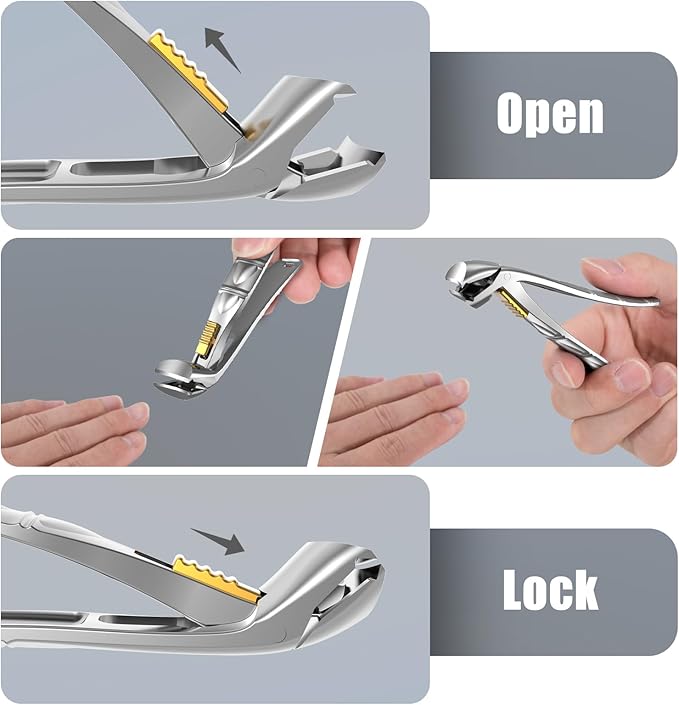 Nail Clippers for Seniors Thick Toenails, Professional Fingernail Toenail Clippers with Catcher, Sharp Wide Opening and Long Handle Nail Cutter Set for Men Women, Silver