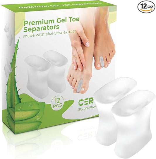 Gel Toe Spacers - for Straightening Overlapping Toes - Ideal for Bunions, Corns, Blisters & Rubbing - Comfortable Toe Separators for Men and Women - 12 Pack Clear