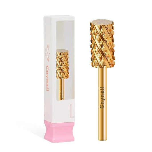 3/32" Large Barrel Flat Top Tungsten Carbide Nail Drill Bit Safety Bit for Gel & Acrylic Removal, 2-Way Rotating Efile Tip, Salon Electric File Accessory (4XC Grit, Gold)