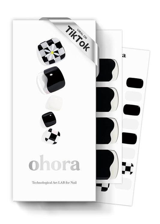 ohora Semi Cured Gel Pedi Strips (P Checkmate) - Black/White Works with Any UV/LED Lamps, Salon-Quality, Long Lasting, Easy to Apply & Remove - Includes 2 Prep Pads, Nail File & Wooden Stick