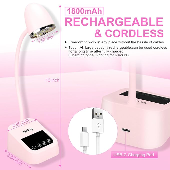 U V LED Nail Lamp, Goose Neck Flash Cure Lamp 27W Rechargeable Mini U V Light for Gel Nails, Cordless Flash Cure Light with 3 Timers&Sensor, Fast Curing Gooseneck Lamps for Gel X, Pink