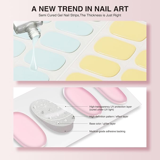 Semi Cured Gel Nail Strips - 30PCS Stickers for UV Light, Long-Lasting Wraps, Salon-Quality Semi Cured Nail Stickers, 2 Week Wear, Easy DIY Gel Manicure - Candy Crush