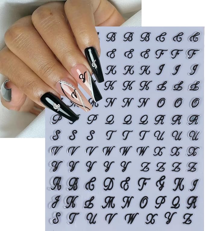 8 Sheets Letter Nail Art Stickers Old English Letter Nail Decals 3D Self-Adhesive Gold Silver Black White Retro Nail Decor Cute Nail Design Stickers Alphabet Cursive Nail Art Supplies for Women DIY