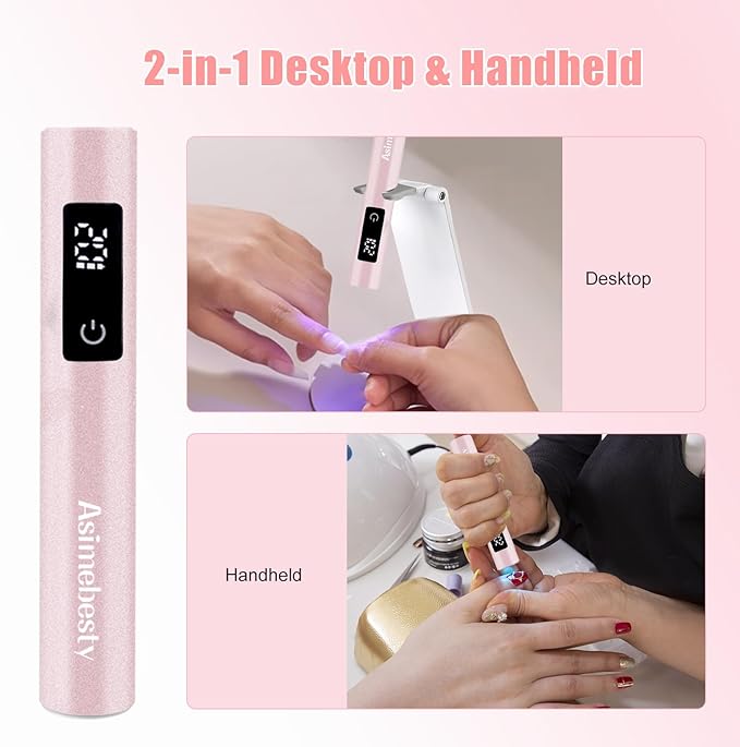 UV Light for Gel Nails, Mini UV Nail Lamp Hand held with Stand, Portable Small Nail Dryer Light for Gel Polish with 3 Timers, Rechargeable Cordless UV Light Nail for Fast Curing, Rose