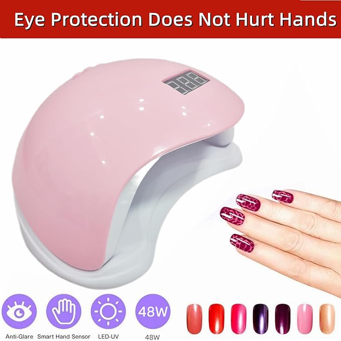 UV LED Nail Lamp, 48W Nail Dryer Gel Nail Polish Curing LED UV Light with 4 Timers Automatic Sensor LCD Display Professional Nail Art Tools Accessories for Fingernail Toenail Salon (Pink)