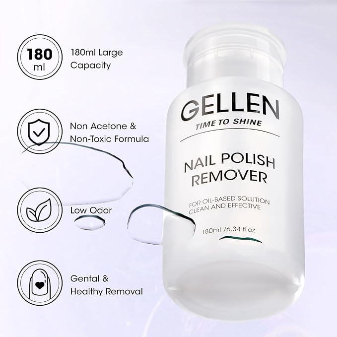 Gellen Nail Polish Remover, Non Acetone Nail Polish Remover for Quick Dry Nail Polishes, Gentle Polish Remover Pump, Ultra-Powerful Clear Fingernail Polish Remover, 6.09 Fl Oz