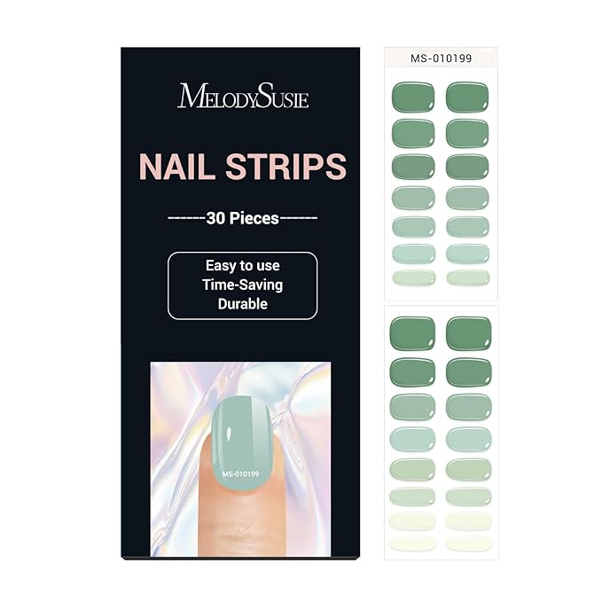 MelodySusie 30PCS Semi Cured Gel Nail Strips (Green Harmony), Works with Lamp, Salon Quality, Long Lasting, Easy to Apply and Remove, Includes 2 Prep Pads, Nail File & Wooden Stick