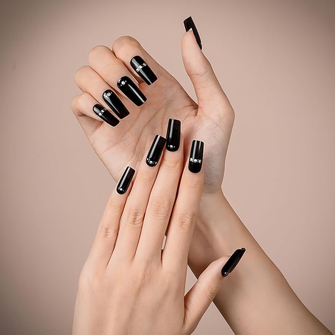 20pcs Semi Cured Gel Nail Strips, Real Nail Polish Art Stickers, Black Diamond Gel Nail Stickers - Work with Any UV Lamp, Long Lasting Full Wraps with Nails File and Stick