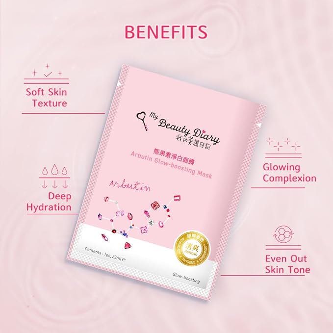 My Beauty Diary Arbutin Glow-boosting Facial Mask (3 Boxes x 8pcs) + Rejuvenate Revital Rock Rose Facial Mask (1 Box x 2pcs)- Smoothening & Firming Mask for Dry Skin & All Skin Types
