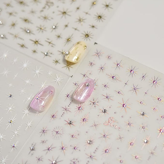 3 Sheets 5D Embossed Star Nail Stickers - Pink Gold White Glitter Shiny Design for DIY Manicure Decoration - Nail Art Supplies for Women