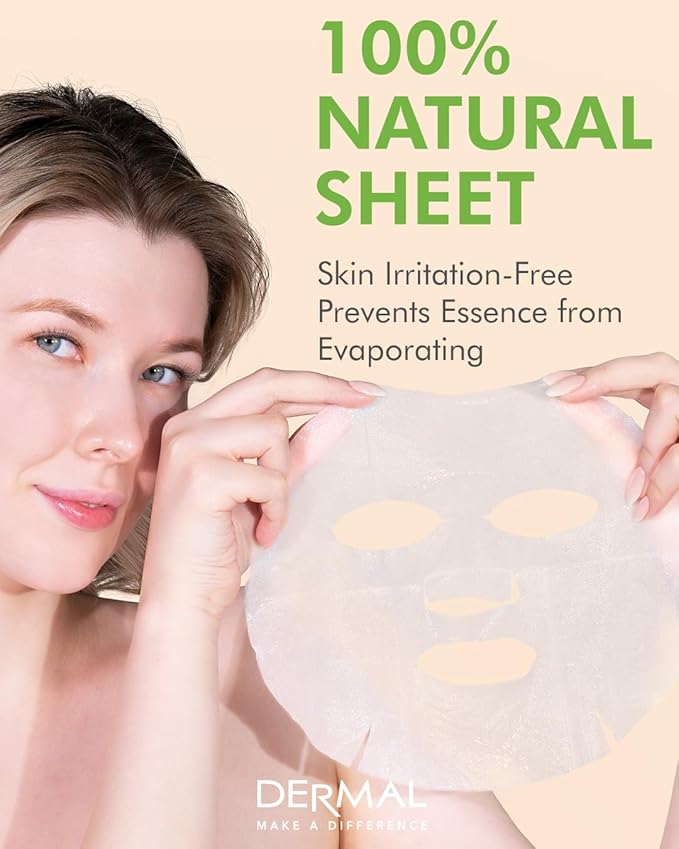 DERMAL Cucumber Collagen Essence Facial Mask Sheet 23g Pack of 10 - Soothing & Moisturizing, Redness & Sunburn Relief, Daily Skin Treatment Solution Sheet Mask