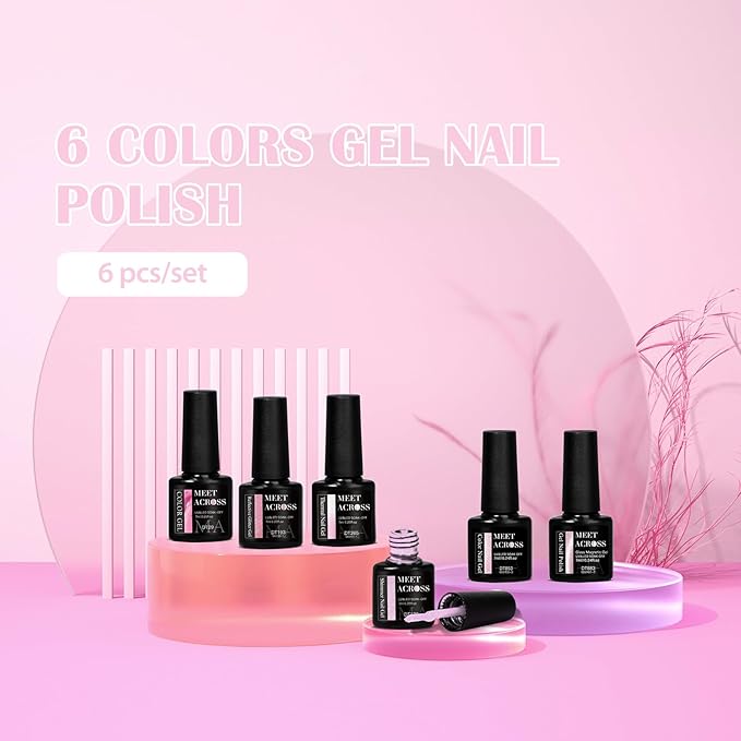 MEET ACROSS Gel Nail Polish Set 6 Pcs Glitter Colors Gel Nail Kit Art Design Soak Off UV LED (SET-7, 6pcs)
