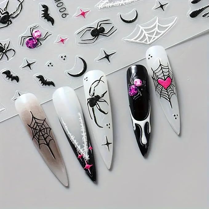 Halloween Nail Art Stickers Decals Halloween Spider Web Spider Nail Decals 3PCS Ghost Bat Skull Star Design 5D Engraved Nail Stickers Nail Art Supplies for Women Holoday DIY Manicure Nail Decorations