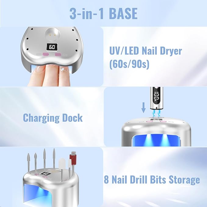 Cordless Electric Nail Drill File: 35000RPM Professional Nail Drill Machine with UV LED Nail Lamp Charging Base, Manicure Pedicure Kit E File for Acrylic Gel Dip Powder Polish Silver