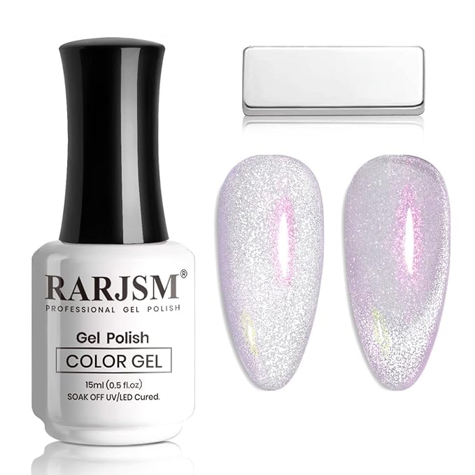 RARJSM Aurora Cat Eye Gel Nail Polish Purple Pink Velvet Silver Glitter Universal Galaxy Shimmer Star Effect Gel Polish with Magnet Stick Single Bottle UV LED Curing Require Soak Off Home Salon
