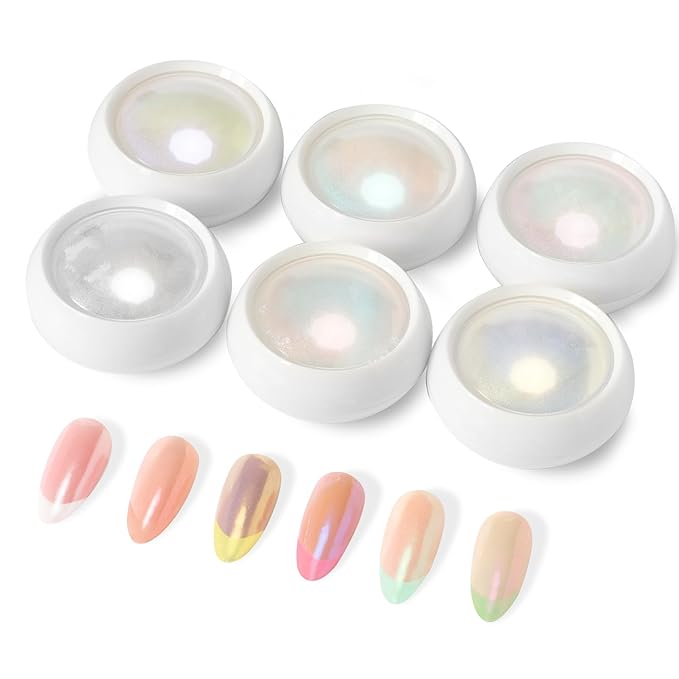 6 Jars Pearl Chrome Nail Powder Set, Mermaid Chrome Nail Powder Pearlescent Iridescent Glitter Dust Kit Nail Art Decoration Gift for Home & Salon