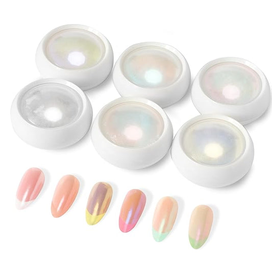 6 Jars Pearl Chrome Nail Powder Set, Mermaid Chrome Nail Powder Pearlescent Iridescent Glitter Dust Kit Nail Art Decoration Gift for Home & Salon