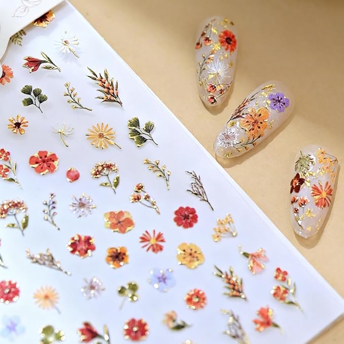 Flower Nail Sticker 5D Embossed Floral Nail Art Stickers Self Adhesive Nail Decals Colorful Flower Nail Art for Women Girls Manicure Supplies Nails Art Decorations