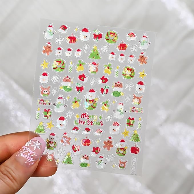 Christmas Nail Art Stickers 3D Cute Santa Claus Nail Stickers Pink White Snowmen Snowflake Nail Design Sticker Self-Adhesive Winter Christmas Tree Nails Decals for Women DIY Nails Supplies 6 Sheets