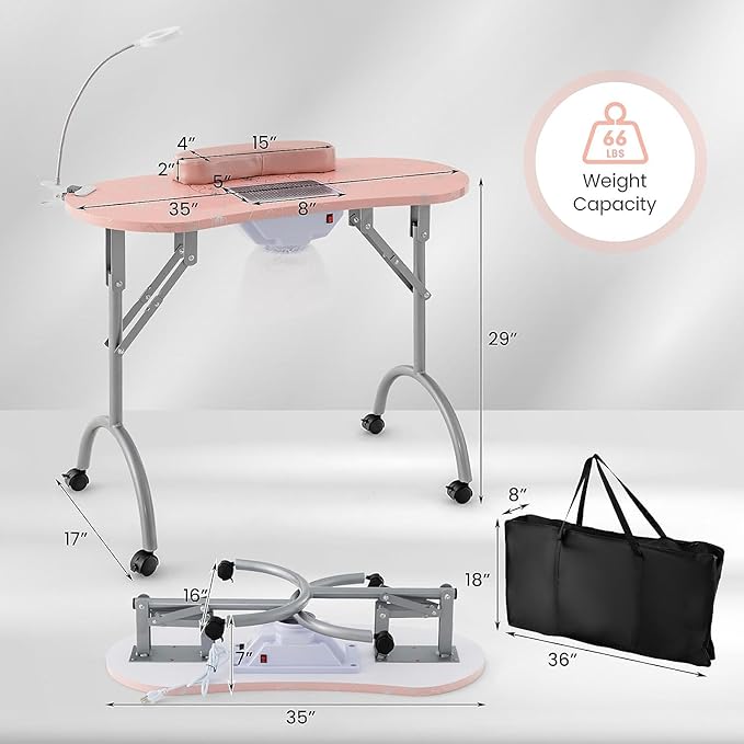 GOFLAME Manicure Nail Table, Foldable Nail Technician Desk w/Electric Downdraft Vent, Bendable LED Lamp, Removable Armrest Pad, Dust Bag, Manicure Table with Lockable Wheels for Home, Salon, Pink