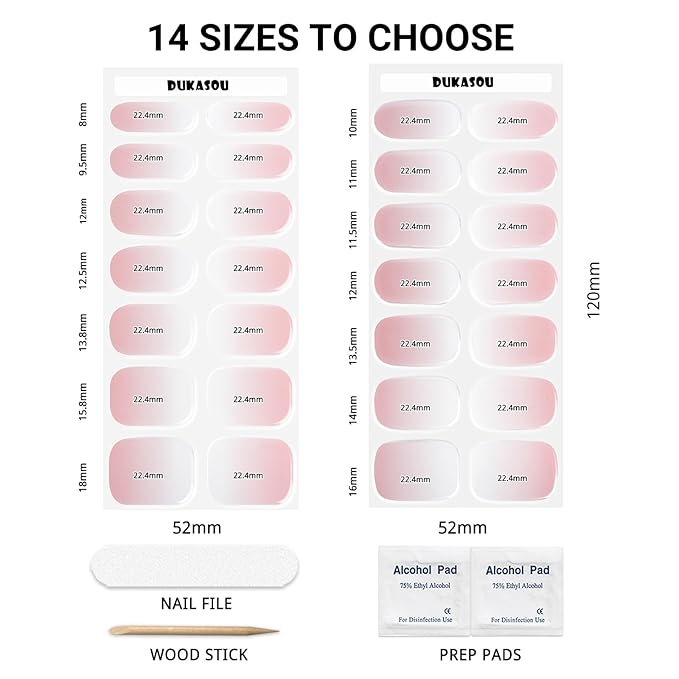 Semi Cured Gel Nail Strips, Pink Gradient | 28pcs Real Polish Art Stickers/Wraps, Includes Prep Pads, File & Wood Stick, for Women Girls Kids DIY Gift