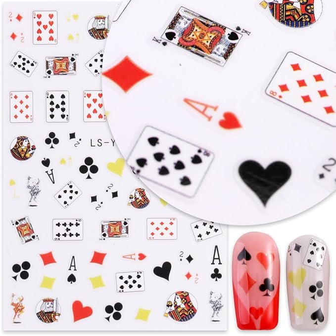3D Self-Adhesive Nail Stickers - Poker Theme with Hearts & Diamonds, Trendy Fashion Nail Art Designs for Women A Set of 2 Sheets