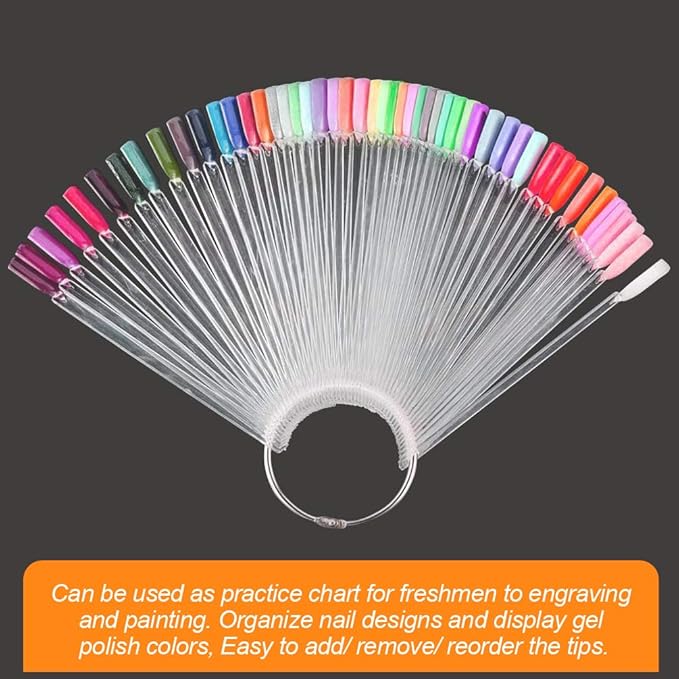 JASSINS 150 Pcs Nail Swatch Sticks with Ring and Number posted, Clear Fan-shaped Nail Art Polish Practice Display Tips Nail Sample Sticks, Nail Practice Color Display Polish Board