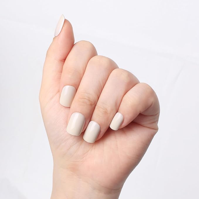 Ivory Press On Nails Short Square, Fashion Glossy Off White Soft Gel Fake Nails Kit, 15 Sizes - 30 Fake Nails, Thick Natural Reusable Glue On Nails for Women