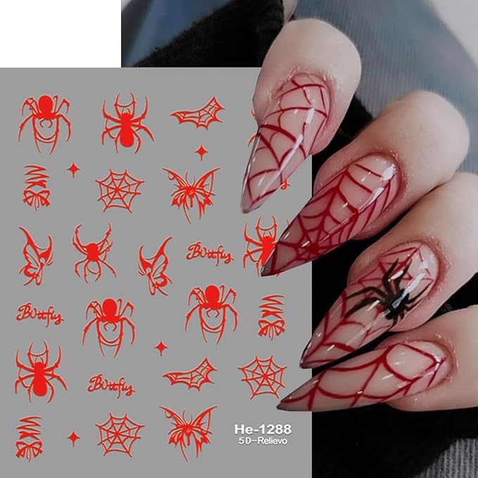 6 Sheets Spider Nail Stickers 3D Cute Black White Red Spider Nail Art Decals Self-Adhesive Halloween Spiders and Spider Web Nails Design Supplies Holiday Stickers for Women DIY Acrylic Manicure Tips