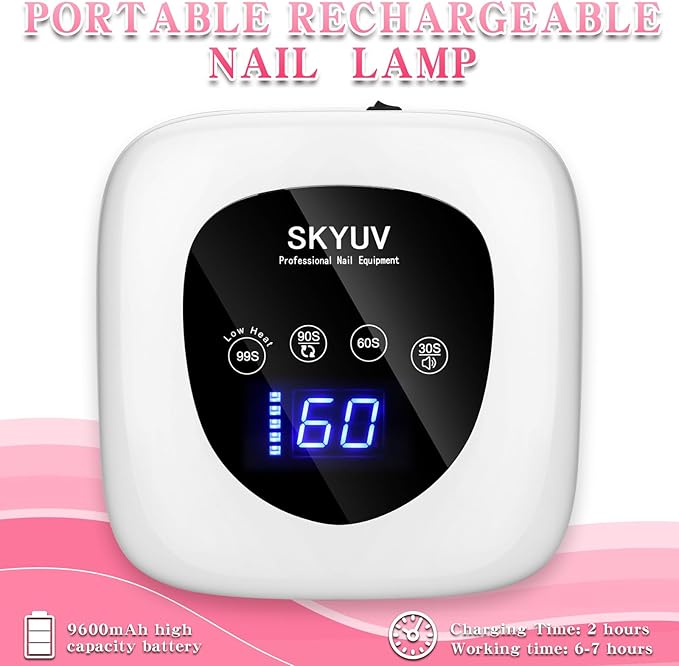 Rechargeable UV LED Nail Lamp, SKYUV Cordless Nail Dryer for Gel Polish, UV Nail Lamp with 4 Timers Setting and LED Touch Screen, Professional Curing Lamp Light with 30 Beads for Salon and Home ﻿