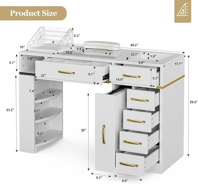 Nail Tech Table with Dust Collector, Glass Top Manicure Table Nail Desk Station w/7 Drawers & 3-Tiers Open Shelves, Nail Beauty Workstation w/Wrist Cushion & Acrylic Display Rack（White）