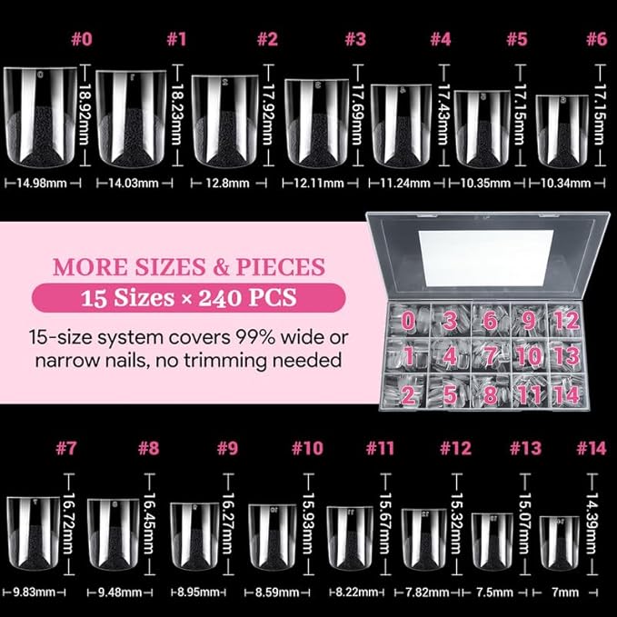 Extra Short Sharp Square Fake Nail Tips - 15 Sizes 240 PCS Clear French Half Matte Press On False Nail Tips Full Cover Gel Nail Tips Extensions Thick Long Lasting DIY Beginners & Salon Manicure