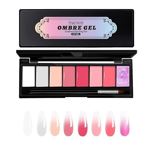 Finger Secret 8 Colors Ombre Gel Pat Nail Polish Set,Ombre Pigment for Nails,Gradient Painting Gel with 50Pcs Nail Sponges for 3D Gels Nail Art can be Painted in Salon or Home Use