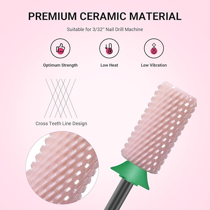 MelodySusie Ceramic Nail Drill Bits, 3/32'' Chamfer Flat Top Large Barrel Bits, Fast Remove Acrylic or Hard Gel, Nail Tool for Manicure Pedicure, Salon Home, Professional or Beginner, Pink, Coarse