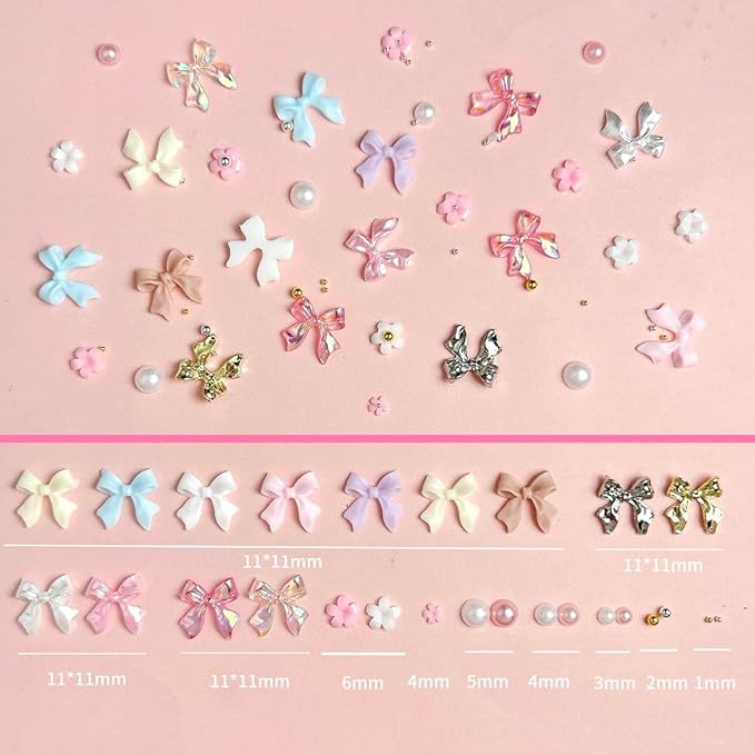 3D Bow Nail Charms Kit, Cute Pink Flowers White Flatback Pearl Charms for Nails, Gold Nail Bows Charms Nails Design for Women Manicure DIY Crafts Art Accessories