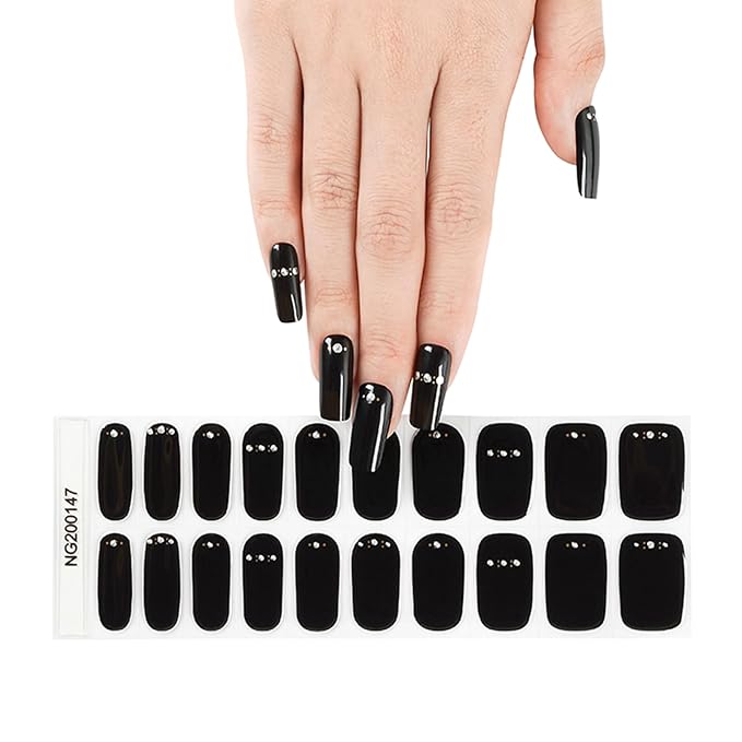 20pcs Semi Cured Gel Nail Strips, Real Nail Polish Art Stickers, Black Diamond Gel Nail Stickers - Work with Any UV Lamp, Long Lasting Full Wraps with Nails File and Stick