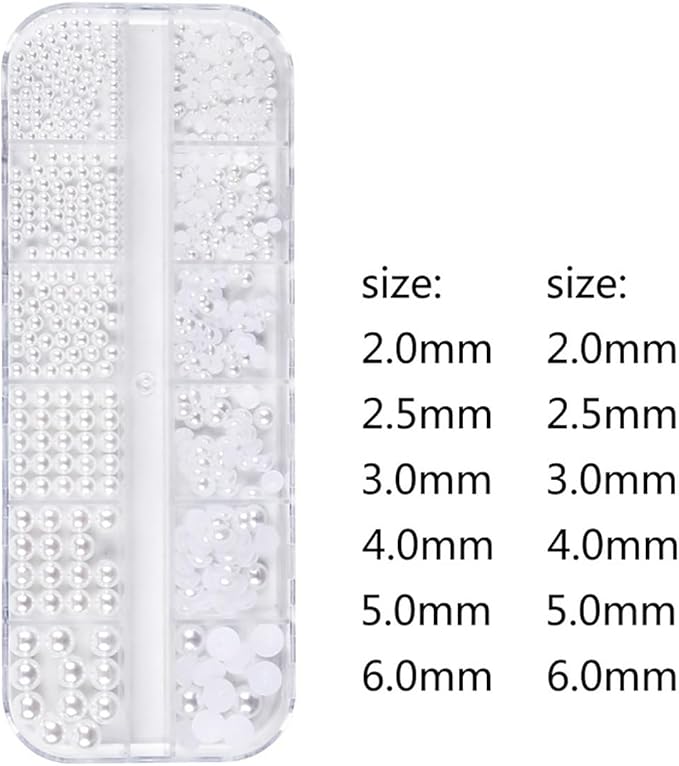 12 Grids Half Round Pearl Beads 3D Nail Charms Elegant White Wedding Designs Decorations Mixed Pearls Ornaments Manicure Decor (White)