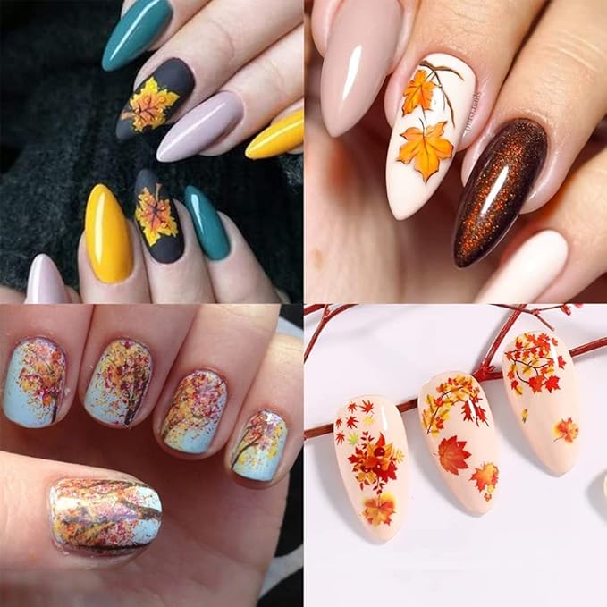 12 Pcs Fall Nail Art Stickers Maple Leaves Nail Art Water Transfer Decals Autumn Thanksgiving Turkey Pumpkin Design Nail Foil Stickers Fall Nail Supplies for Women Acrylic DIY Manicure Decorations