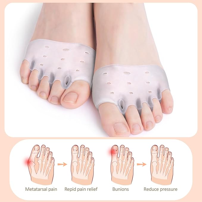 4 Pairs Silicone Toe Separators, Metatarsal Pads, Gel Toe Separators, Ball of Foot Cushions, Toe Separators for Overlapping Toes to Foot Pressure Relief (White Blue Clear Skin-color)