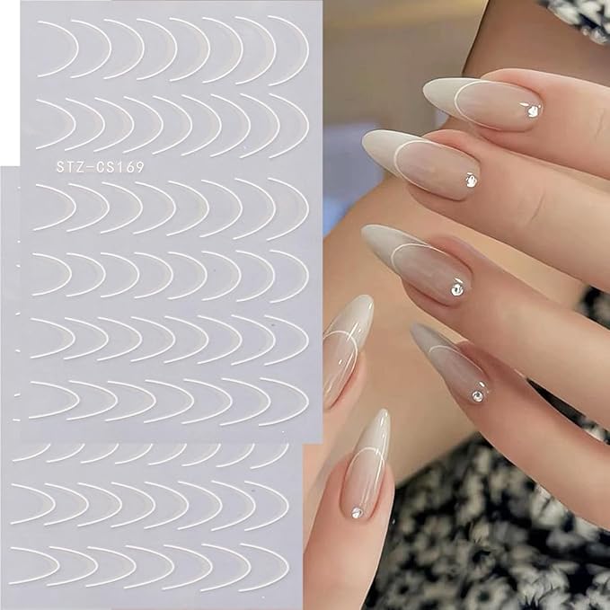 8 Pieces French Tip Line Nail Art Stickers 3D Simple Lines Nail Stickers Black White Gold Silver Metal Stripes Adhesive Decals Curved Gel Nail Art Polish Sliders Manicure Foils Decor Accessories