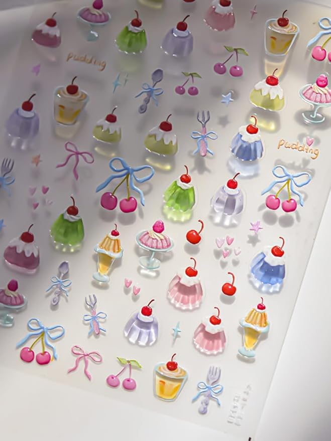 Sweet Desserts Nail Stickers 5D Embossed – Premium Salon-Quality Nail Charm Accessories, Easy Application & Self-Adhesive Cherry Cake Bowknot for DIY Manicure, Nail Art, Press on, Home or Salon Use