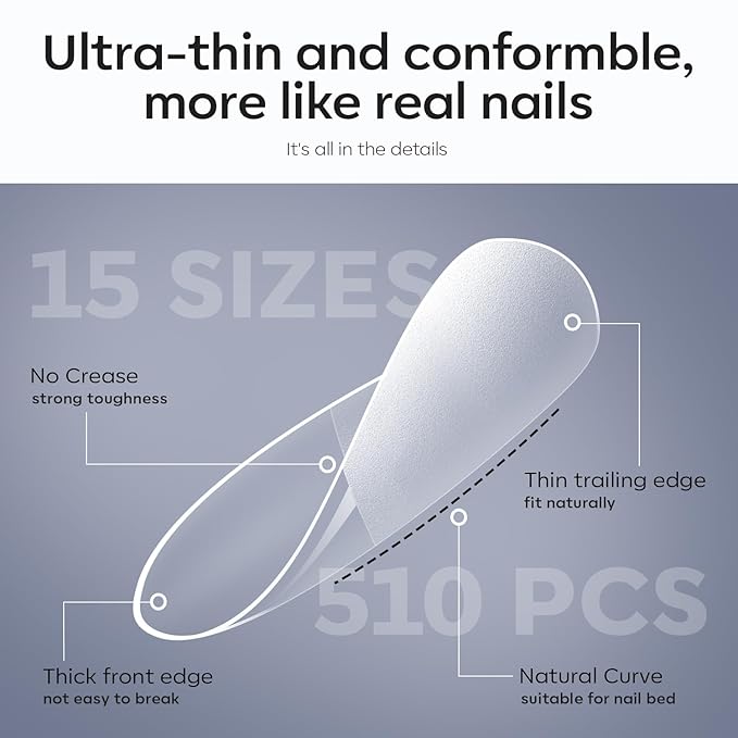 modelones Gel Nail Kit Short Coffin, Upgrade 510Pcs Fake Nails 15Sizes, 9-in-One Glue Prep Dehydrator & Mini U V Light Clipper, Pre-shaped Half Matte Press on Short Coffin Tips for DIY Salon