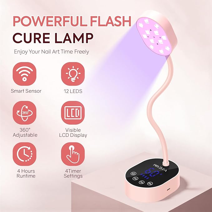 UV LED Nail Lamp, Cordless Gooseneck Mini Flash Cure UV Lamp for Gel X Nails, 36W Portable USB Rechargeable Nail Dryer with Auto Sensor, 4 Timers & LCD Display for DIY Home Manicure (Pink)