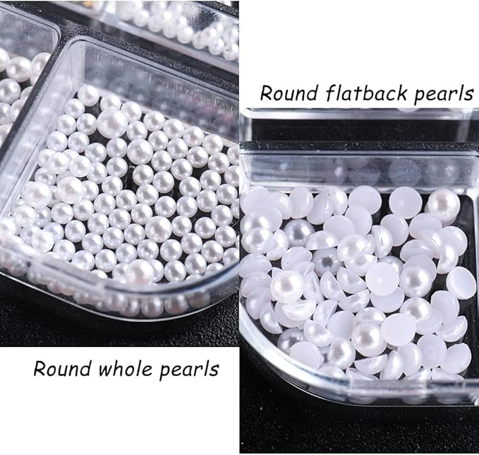 12 Grids Half Round Pearl Beads 3D Nail Charms Elegant White Wedding Designs Decorations Mixed Pearls Ornaments Manicure Decor (White)