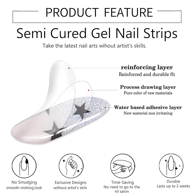 WOKOTO 1 Sheet Semi Cured Gel Nail Strips With Wood Stick, Nail File & Prepared Pads, 20 Tips Star & Glitter French Semi Cured Nail Polish Strips, Harden With UV Light Gel Nail Stickers Wraps