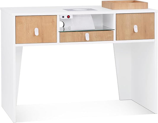 BarberPub Manicure Table with Electric Dust Collector & 2 Dust Bags, Beauty Nail Art Desk with Built-in Socket, Salon Nail Supplies Storage Workstation with Nail Vacuum Cleaner VC232 (White&Teak)