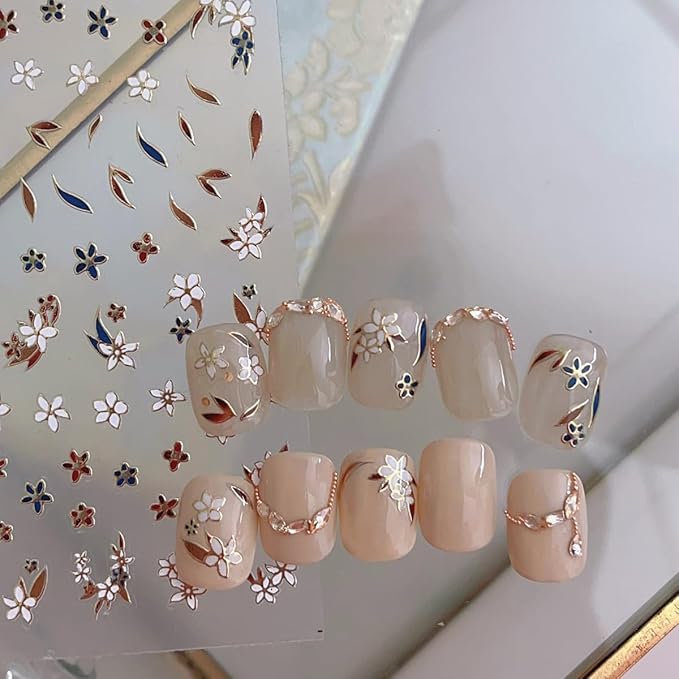 1 Sheet Spring Flowers Nail Stickers, Leaves Floral Nail Decals, 5D Embossed Self-Adhesive Nail Design Stickers for Women DIY Brown Blue Flowers Leaves Manicure Art Supplies