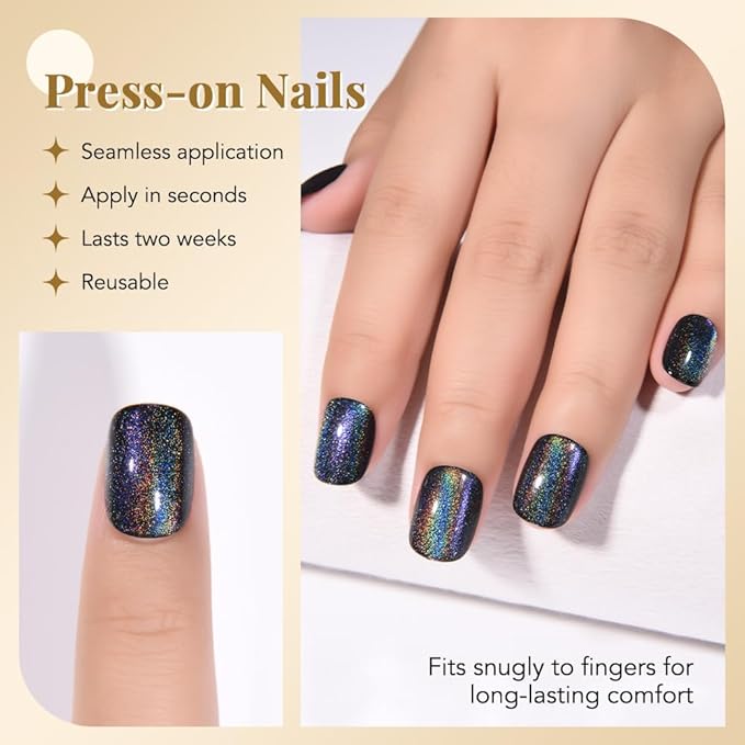 evpct Black Chrome Cat Eye Short Press on Nails Square, Short Square Glue on Nails for Women Gift, Black Metallic Glitter Glossy Reusable Spring Summer Stick Gel Press on Acrylic Fake Nail with Design